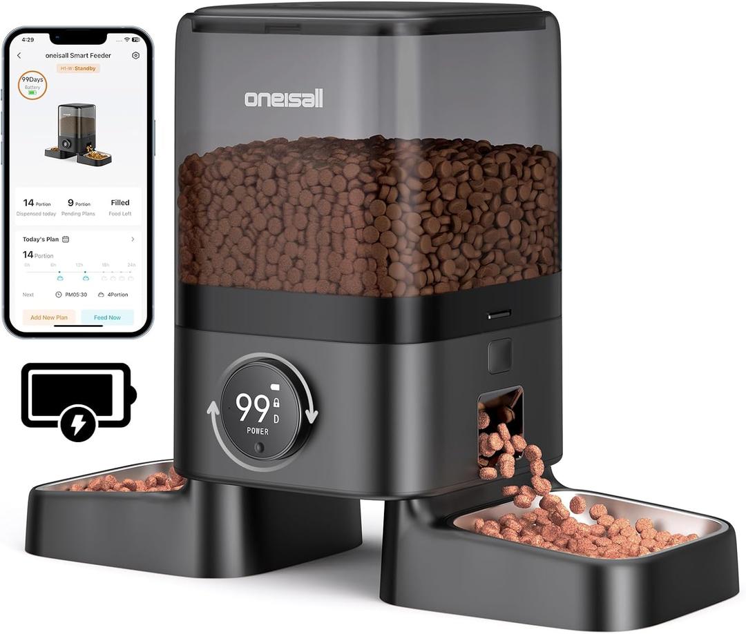 oneisall Cordless WiFi Automatic Cat Feeders 2 Cat, Rechargeable 100-Day Battery Operated Timed Cats Feeder, 20 Cups/5L Cats Food Dispenser Automatic for Large Kibble, Smart App Control.
