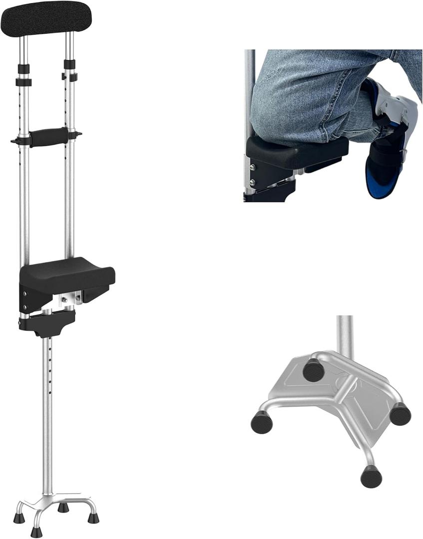 Under Arm Aluminum Pain Free Knee Crutch with Widened Base for Ankle Injury Sprains and Alternative to Knee Scooter, Height Adjustable Lightweight Waking Cane Support for Knee Rest