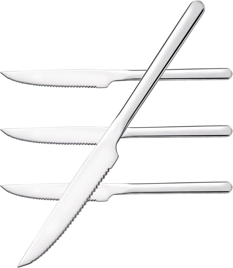 KINGSTONE Sharp Steak Knives, German Stainless Steel Steak Knife Set of 4 with Full-Serrated Blade, 9.4-Inch Sleek Design Table Knives, Mirror Polished (Silver)