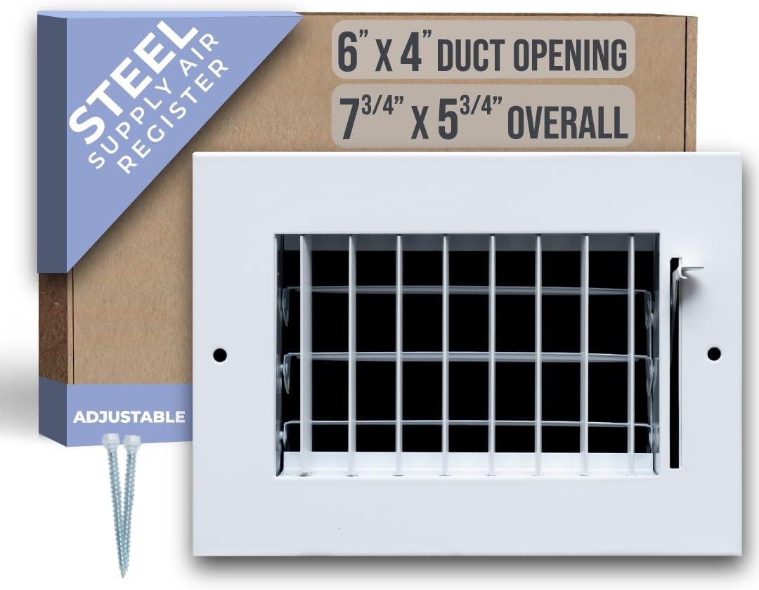 Fits 6x4 Duct Opening Steel Adjustable Air Supply Grille by Handua | Register Vent Cover Grill for Sidewall and Ceiling | White | Outer Dimensions: 7.75" X 5.75"