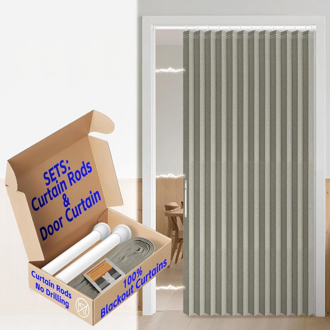 AJAZZ 100% Blackout Accordion Door Closet Door Curtain Invisible Applicable Bedroom Room Living Room Doorway (1 Pack, 54 W x 78 L, Grey+Rod)