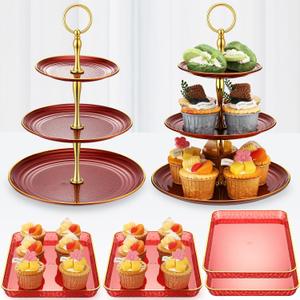 6 Pcs Cupcake Display Stand Set 3 Tiered Tray Stand Red Dessert Display Serving Tower Tray with Gold Rim Rectangle Serving Trays Cake Candy Stands for Tea Wedding Birthday Tea Party