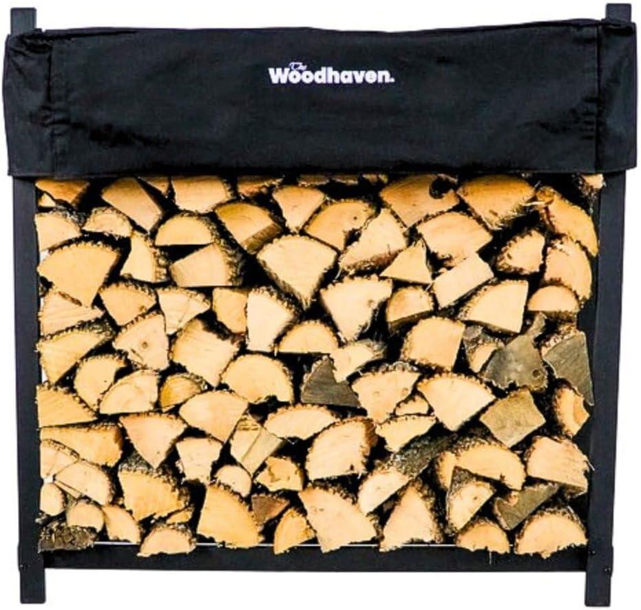 Woodhaven Black 4 Foot - Heavy Duty Made In USA - Indoor Outdoor - 1/4 Cord Firewood Storage Log Rack With Seasoning Cover Combo Set - Metal Log Storage - 48 x 48