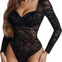 Avidlove Mesh Bodysuits for Women Long Sleeve Body Suits Leopard Print Going Out Tops Sheer Rave Outfits with Snap Crotch, XXLarge