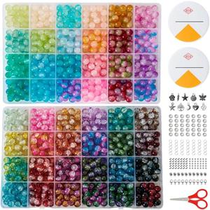 1300 Pcs Glass Beads for Jewelry Making 8mm Beads in 48 Colors, 2 Box Set of Bulk Glass Beads for Bracelets, Crafts & DIY Gifts