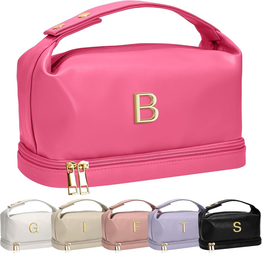 Gifts for Women, Makeup Bags with Handle, Initial Double Layer Cosmetic Bag with Makeup Brush Organizer, Cute Cosmetic Pouch for Women, Gifts for Daughter Friends Female Mom (Hot Pink)