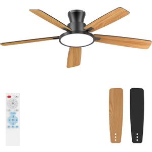 Ceiling Fans with Lights,52 inch,Quiet,Reversible Motor,Dimmable, Adjustable Color Temperature,6 Speeds,Timer, Low Profile Ceiling Fan for Bedroom,Living Room,Indoor/Outdoor Use (Black) (Black and Oak)