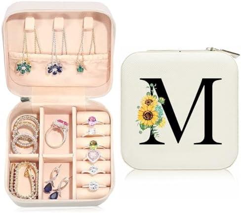 Ldntly Sunflower Jewelry Case, Sunflower Gifts for Women, Initial Travel Jewelry Box, Personalized Gifts for Teen, Mom, Wife, Bridesmaids, 21st Birthday Gifts for Her, Set of 2