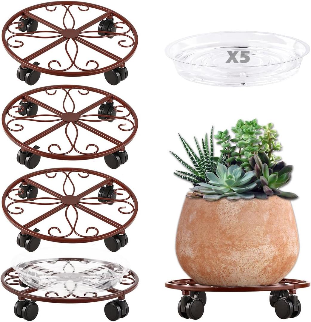 5 Pack Plant Caddy with Wheels Heavy Duty 12 Inches Metal Plant Stand with Wheels Plant dolly Rolling Plant Stand Plant Roller with Casters for Indoor and Outdoor with Plant Saucers, Bronze (11.8'')