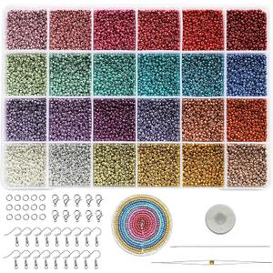Bala&Fillic Size 2mm 12/0 Opaque Bright Color Seed Beads Kit, 24 Colors Total 14400 pcs in Box Craft Seed Beads with Beading Tools for Making Earrings (600pcs/Color,24 Colors)