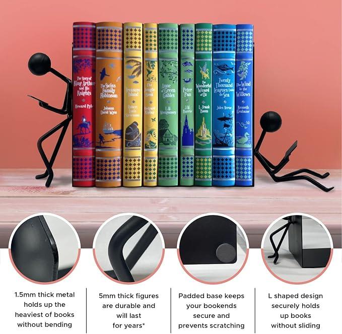 Ottimo Heavy Duty Metal Unique Office Desk Bookends for use as Bookshelf Decor, Home, Office or Kitchen Shelves. Unique, Cute and Decorative Book Stopper to Hold Books, Great Gift Idea (Black)