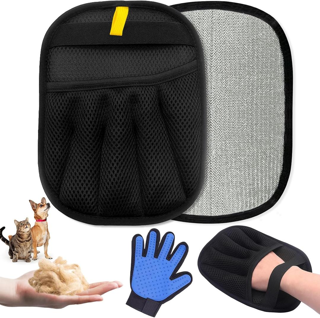 2 x 2-Piece Pet Hair Removal & Grooming Kit: Static Hair Remover Glove for Furniture, Carpet, Couch + Gentle Pet Grooming Glove for Cats & Dogs