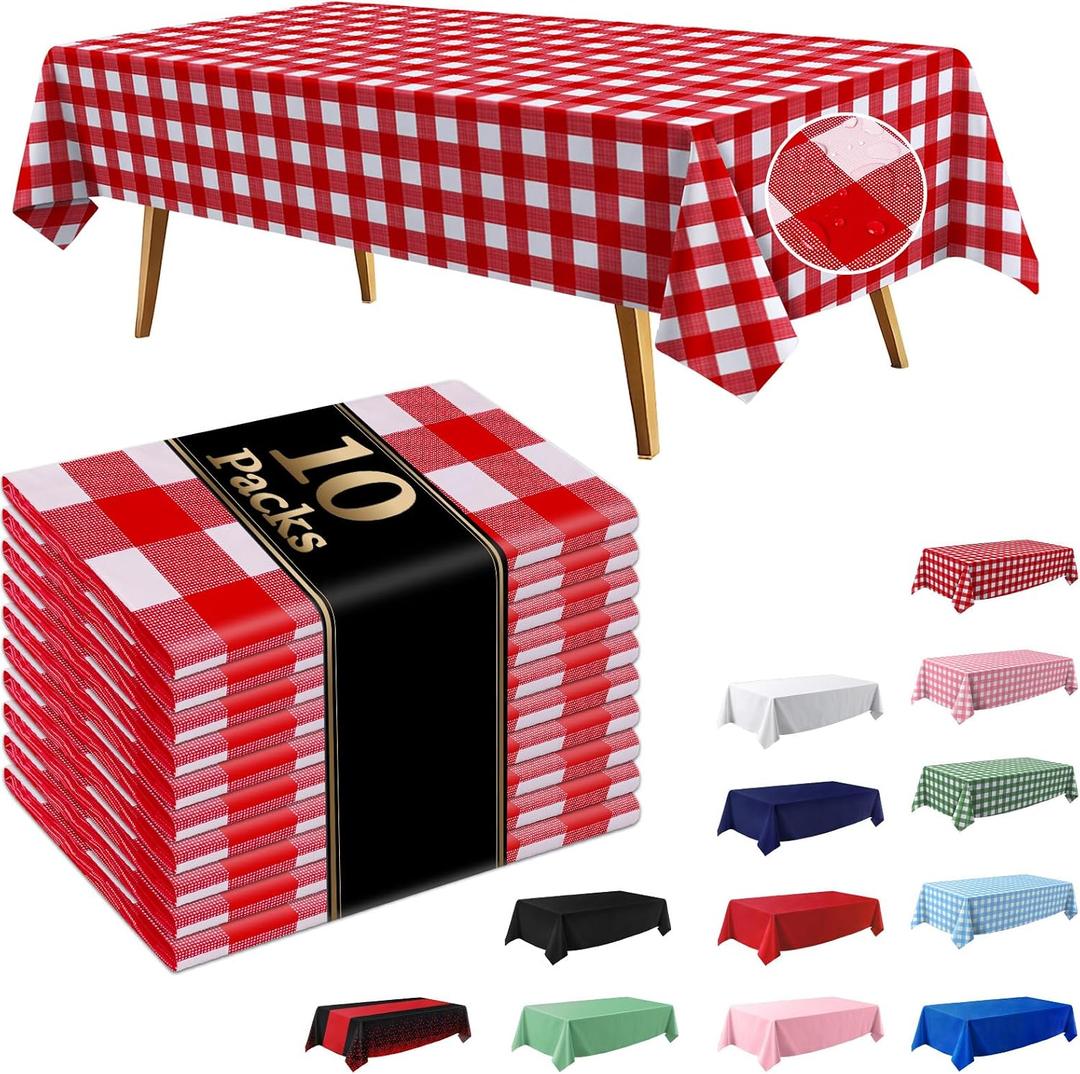 10 Pack Red and White Checkered Tablecloths, 54×108 Inches Rectangle Plastic Gingham Table Covers, Waterproof Disposable Table Cloths for Birthday, Picnic, Holiday Party Decoration, 54"x108" - 10 Packs