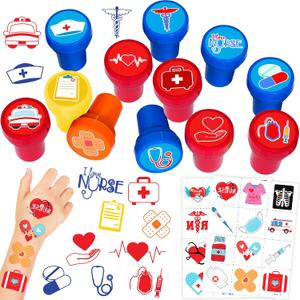 36PCS Nurse Party Favors - 24PCS Pre-Cut Temporary Tattoos & 12PCS Stamps - Ideal Nursing Graduation Appreciation Themed Birthday Card Decorations Supplies Goodie Bag Kids Gifts Classroom Rewards