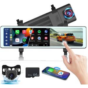 NHOPEEW 11.26 inch Rear View Mirror Camera with Carplay and Android Auto - Mirror Dash Cam Front and Rear - FM Transmitter/Bluetooth/Split Screen/Voice Control/Loop Recording + 64GB TF Card