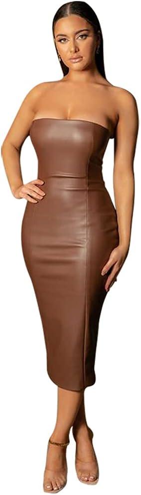 XLLAIS Women Sexy Strapless Tube Top Club Midi Dress Off Shoulder Bodycon Party Faux Leather Dress (Small, Brown)