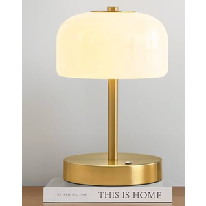PORTRES Cordless Table Lamp Rechargeable Battery Operated Mushroom lamp Opal Glass Shade 3 Way Dimmable LED Touch Outdoor Lamp for Camping Bedroom Dining Living Room Beside Patio Restaurant,Gold