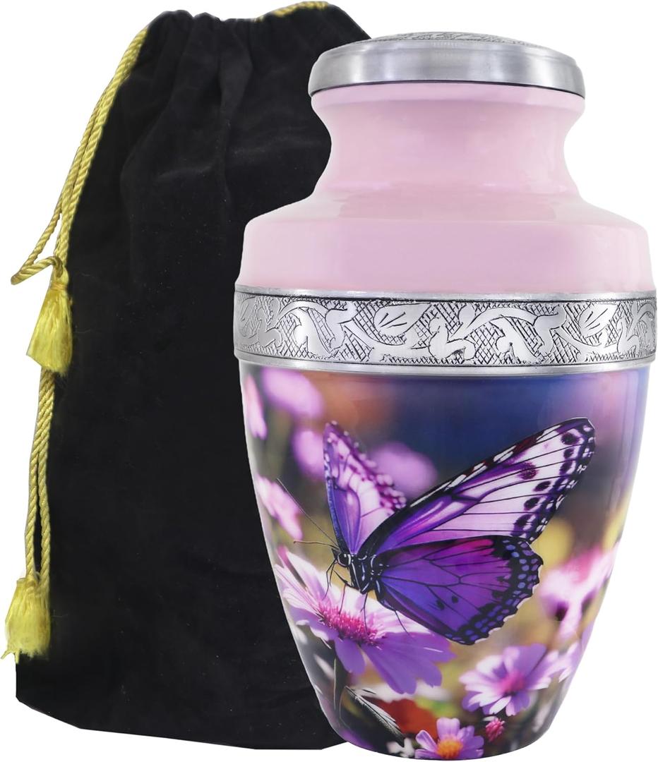 M MEILINXU Urn for Ashes for Woman & Male, Cremation Urns for Human Ashes Adult Female or Man, Burial Urns with Butterflies, Decorative Urn for Funeral, Purple Butterfly and Flowers - Large