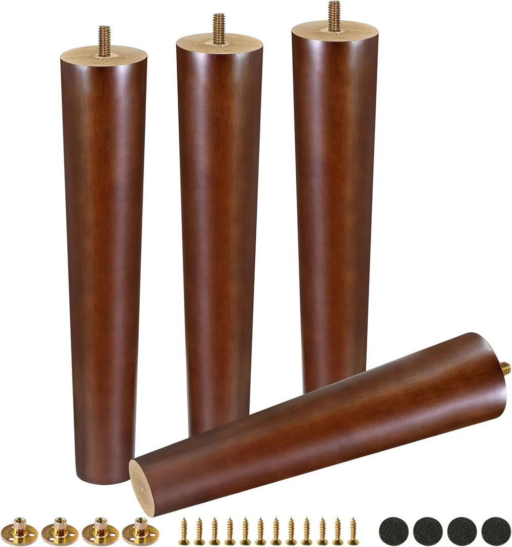 FoDau770 Brown Rubber Wood Furniture Legs 12 Inches, Straight Tapered Wood Feet Mid Century Sofa Legs Set of 4, 5/16" UNC Furniture Feet for Cabinet Couch Dresser Chair Ottoman Table