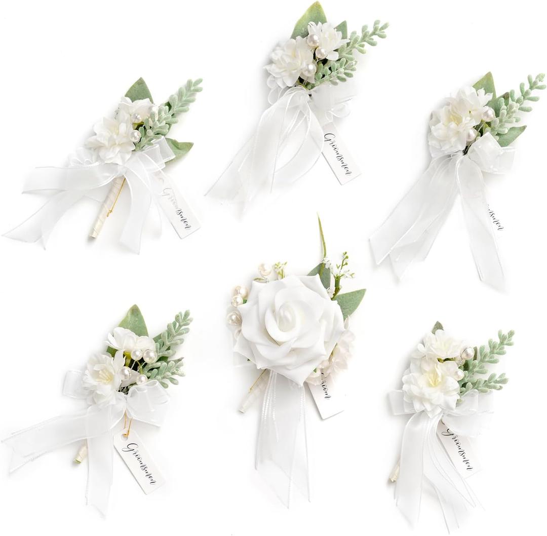 Ling's moment Boutonniere for Men, 6pcs Groom Groomsmen Boutonniere, Artificial Flowers for Wedding Decor/Prom/Homecoming, etc.Snow White