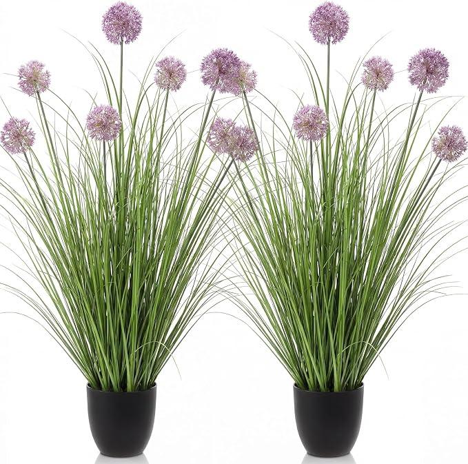 Jexine 2 Pack 4ft Artificial Tall Grass Plant in Pot for Indoor Outdoor | 47inch Faux Grass Plant, Greenery Grass with Flower, UV Resistant Artificial Outdoor Plants, Fake Plant for Outside Decor