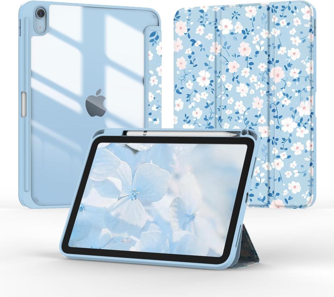 Case for iPad 11-inch (A16) 2025 / iPad 10th Generation 2022(10.9 inch), Tri-Fold Smart Folio Auto Wake/Sleep with Clear Back/Pencil Holder for iPad 11th/10 Gen (Floral Blue)