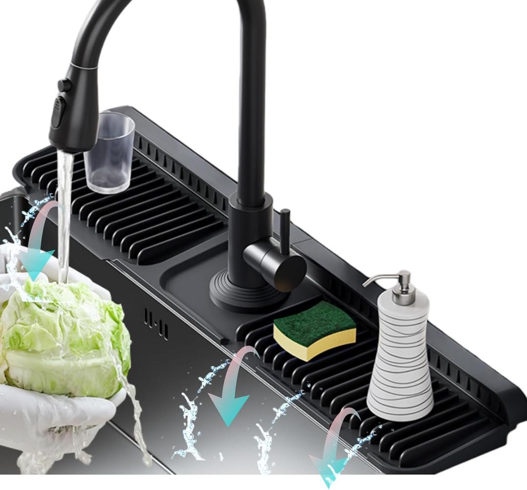 Folding Faucet Mat for Kitchen Sink Upgraded Premium Silicone Splash Guard with Fast Drying Properties Protective Sink Tray Ideal for Stone Sinks in Kitchen & Bathroom (Black, 14.5"x5.5")