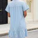 Kedera 2025 Trendy Mini Shirt Dress Bow Neck Short Sleeve Shift Dress Ruffled Hem with Side Pockets (Blue, S)