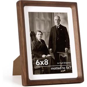 6x8 Frame USA-Sourced Natural Walnut Wood Solid Wood Photo Frame Handcrafted Rounded Corner with Mat to 5x7 Picture Frames Display with Real Glass Family Picture, Wedding Picture, Photo, Certificate