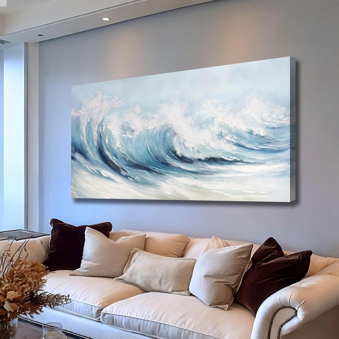 Belmrxne Coastal Wall Art Blue and White Wall Decor Ocean Canvas Painting Wave Textured Artwork Modern Aesthetic Wall Painting for Living Room Bedroom Office 29x58 Inches