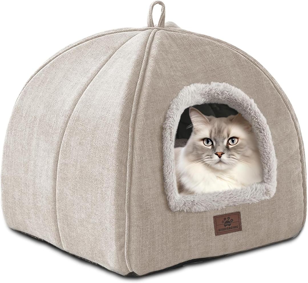 WINDRACING Cat Bed for Indoor Cats - Cat Cave Cat House Cats Tent with Removable Washable Cushioned Pillow, Soft and Self Kitten beds (M(15 x 15 x 15 Inch), Beige-1)