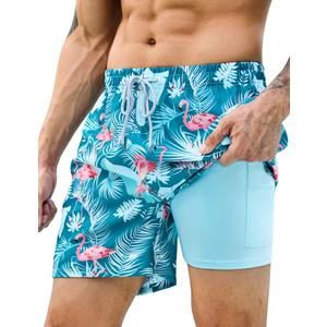 2 x KBVOT Mens Swim Trunks with Compression Liner 7 inch Inseam 2 Pack Quick Dry Stretch Beach Shorts Bathing Suits Swimwear