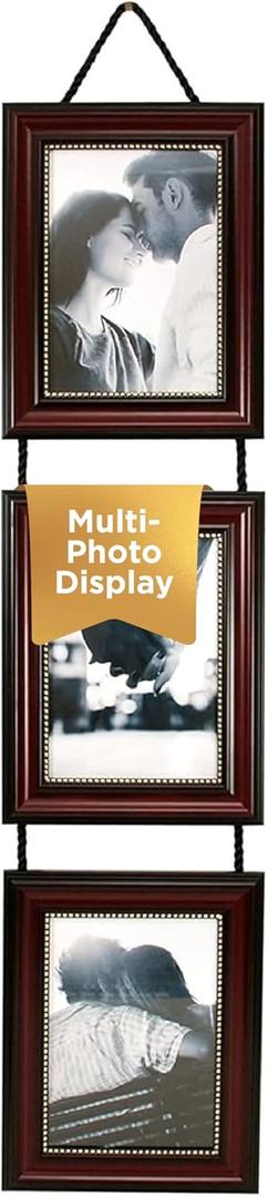 Kiera Grace Lucy Collage Frame, Holds 3 Vertical 5" x 7" Photos, Wall Mount Picture Frame with Hanging Rope, 7.25" x 9.25", Dark Brown