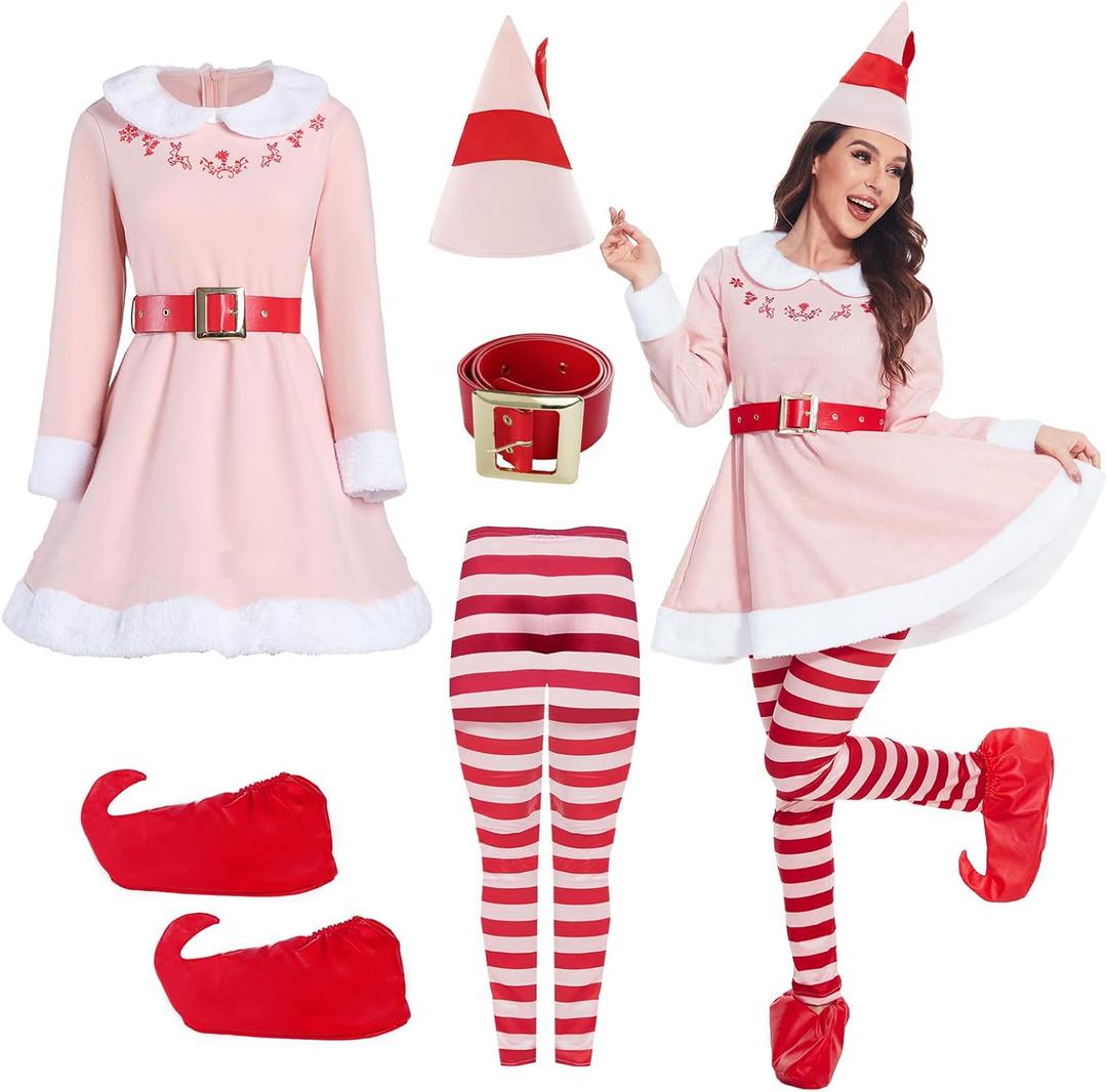 Elves Costume for Women Christmas Elves Outfit with Hat & Accessories,Halloween Christmas Cosplay Costumes for Adults (Medium, Pink)