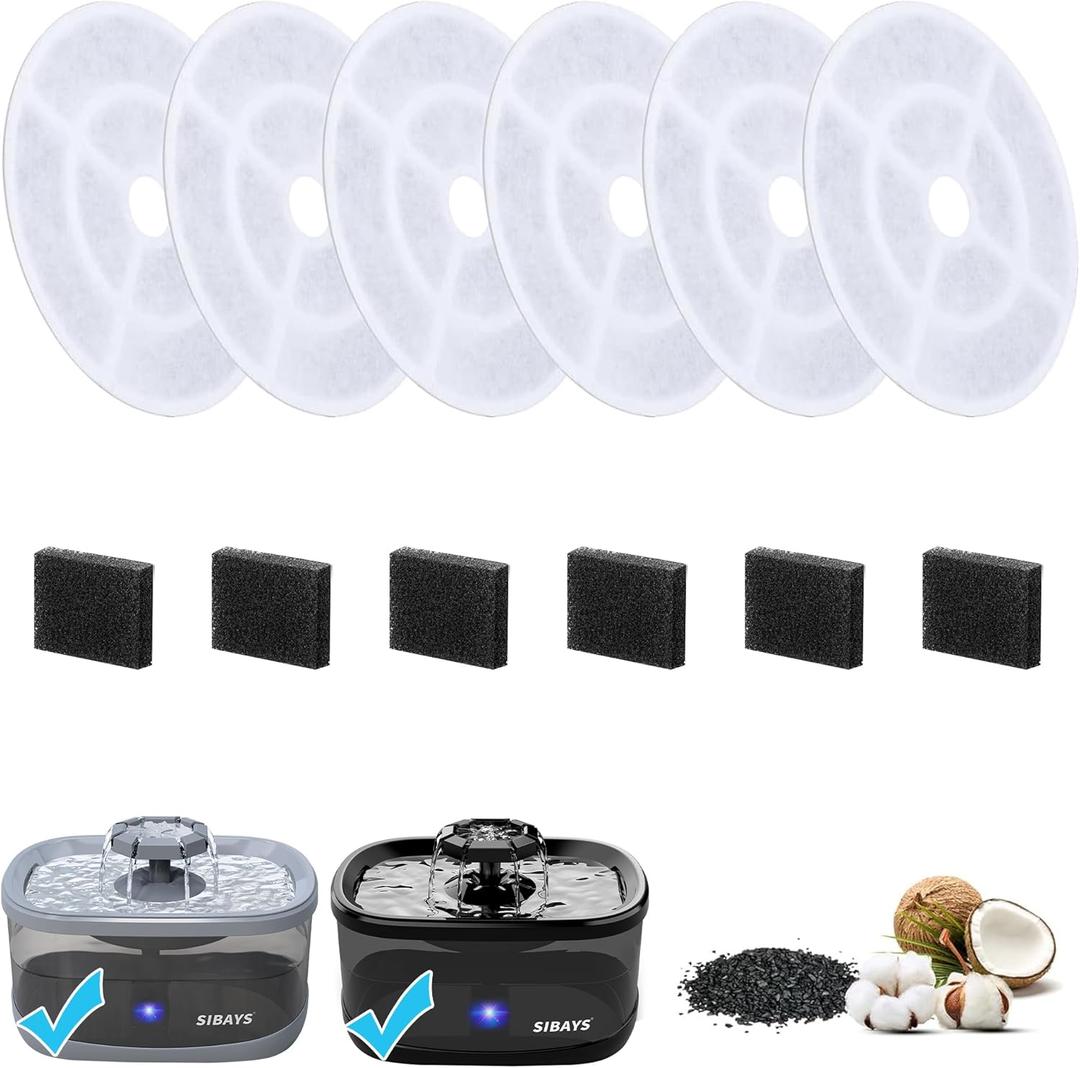SIBAYS 6 Pack 7" Large Size Activated Carbon Cat Water Fountain Filters Replacement 2.5Gal/9.5L Water Fountain with 5 Layers Filtration System Pet Fountains, Coconut Shell and PP Cotton