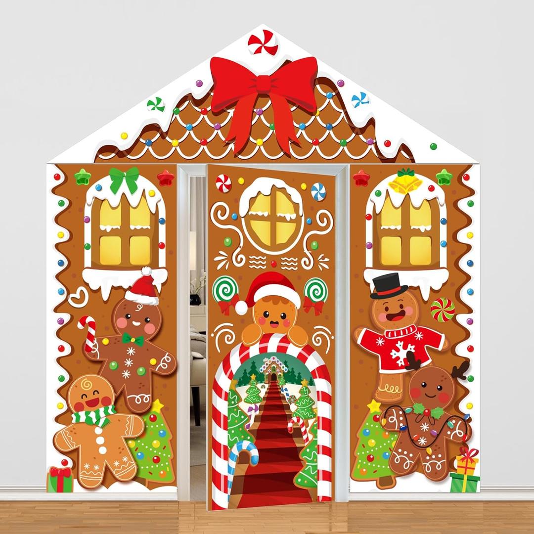 Cinrobiye 4 Pcs Christmas Door Decorations Merry Christmas Porch Photography Backdrop Xmas Front Door Decor Hanging Banner Winter Holiday Garage Door Cover for Classroom Home Party Favor Supplies (Brown)