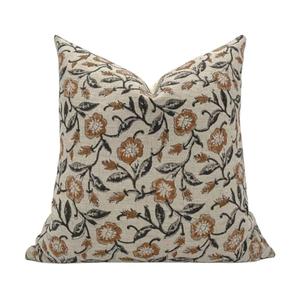 Pack of 2 Floral Block Print Pillow Covers, Decorative Vintage Design, for Living Room Couch, Sofa, Throw Pillow Cover, 18x18 Inch Neutral Floral Pillow Covers, Print on One Side Only