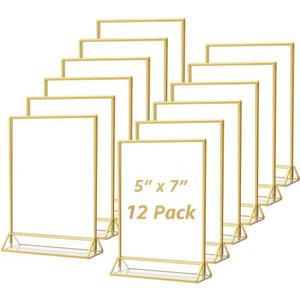 MaxGear 5x7 Gold Acrylic Sign Holder 12 Pack, Gold Table Number Holders, Mini Frames Double Sided Acrylic Picture Frames Photo Stand, Clear Menu Flyer Stand for Wedding, Home, Restaurant