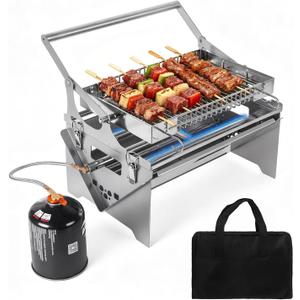 Portable Gas Grill, 360° Rotating Charcoal Grill, Stainless Steel Flipping Camping Barbecue Grill with Carry Bag, Detachable BBQ Grill & Fire Pit for Outdoor Cooking, Camping, Tailgating, Patio & Backyard