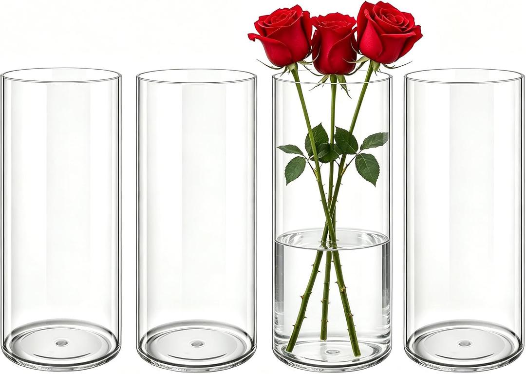 4 Pack Acrylic Cylinder Vases for Centerpieces, 3.9 x 11.8 inch Tall Clear Flower Vase, Unbreakable Vases,Hurricane Candle Holders Floating Candle Vase for Wedding Dinner Table Party Room Decor