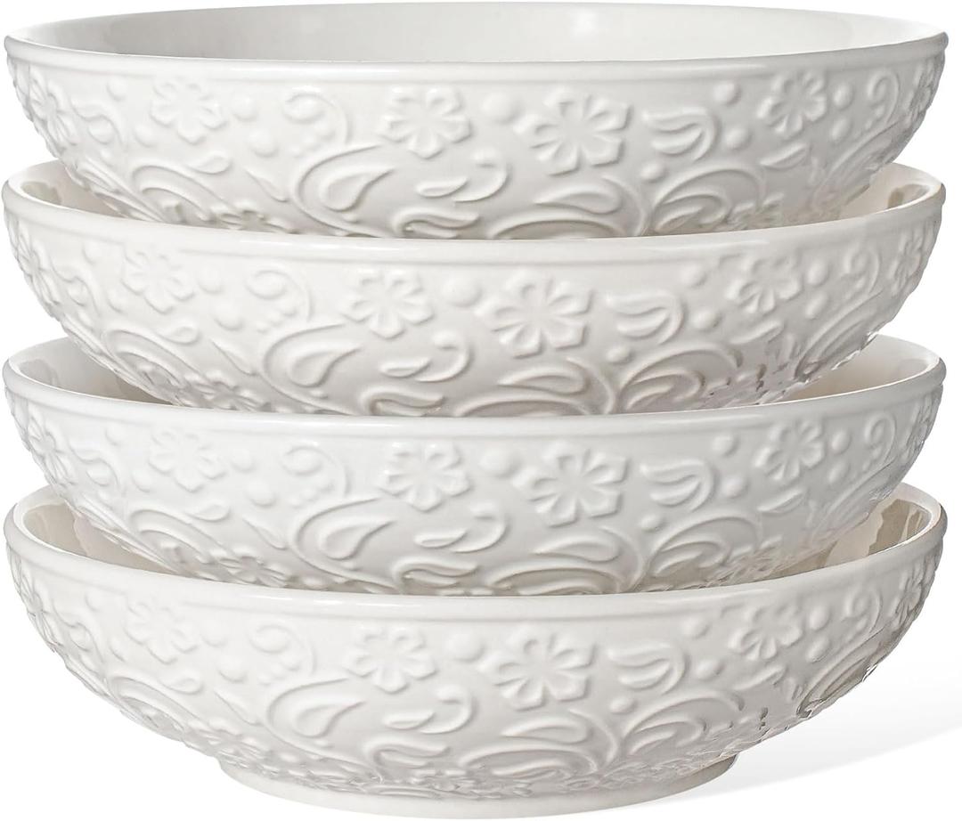 Artena Pasta Bowls 32oz, Ceramic Large Salad Bowls 8 inch, White Embossed Soup Bowl Set of 4 for Serving Entertaining, Wide Shallow Dinner Bowls, Microwave Dishwasher Oven Safe (Flower)