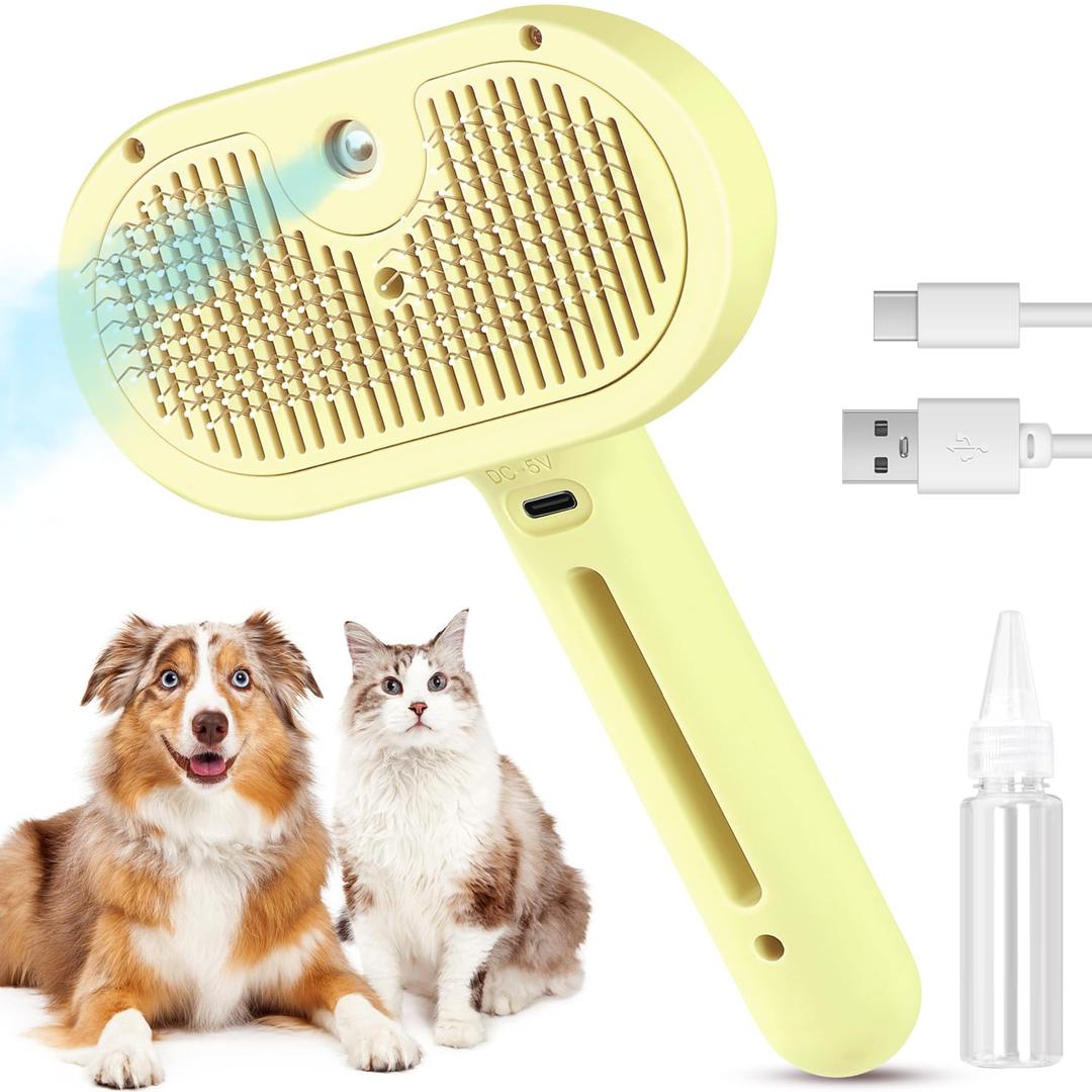 3 in 1 Cat Steam Brush, Pet Spray Hair Removal Comb for Shedding & Grooming, Water Brush for Cats Dogs Small Animals Long Short Haired with One-Click Release Button(Yellow)