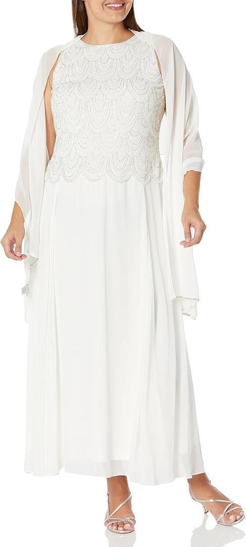 J Kara Women's Sleeveless Scallop Trim Beaded Mock Flare Dress (6 Petite, Ivory/Multi)
