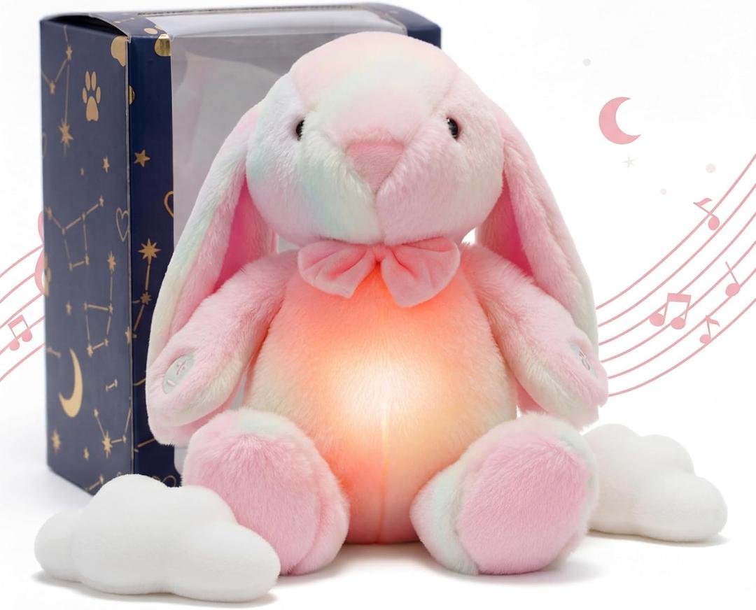 Breathing Stuffed Animal Bunny - 17 Inch Rainbow Anxiety Plush for Kids - Light Up Sleep Aid Toy with Soothing Sound - Calming Stress Relief Easter Gifts