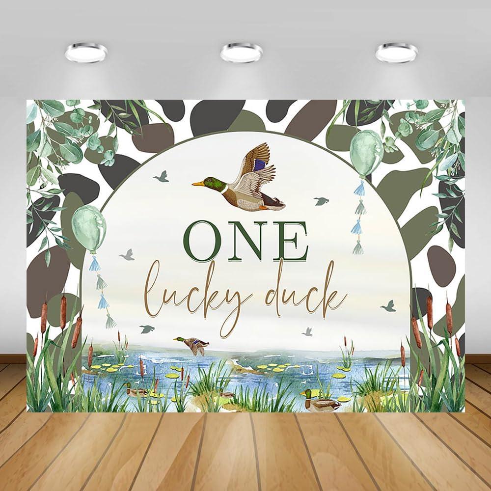 AIBIIN 7x5ft Duck Hunting Backdrop One Lucky Duck Birthday Decorations Mallard Duck Hunting First Birthday Party Supplies