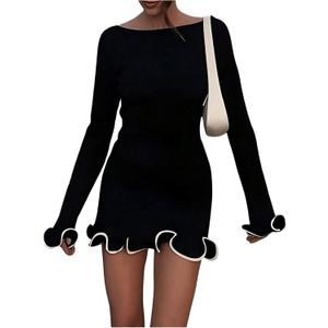 Women's Boat Neck Ruffle Wave Edge Bodycon Pencil Dress Long Sleeve Party Night Out Mini Dresses (Medium, Black)