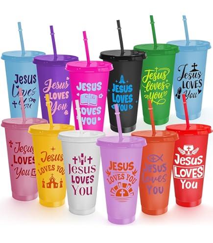 Geosar 20 Pcs Christian Gifts Bulk Jesus Loves You Cups with Lids and Straws Plastic Christian Tumbler Bulk Bible Verse Inspirational Cups Travel Mug for Sunday School Church Supplies(24 oz)