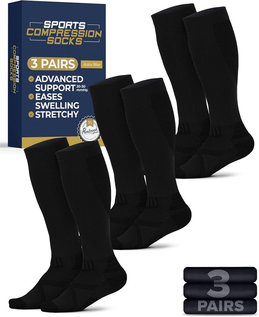 Pembrook 3 Pairs Compression Socks 20-30 mmHg - Compression Socks for Women and Men | Running, Athletic, Travel, Nurses (XX-Large)
