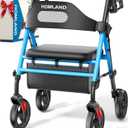 HOMLAND Foldable Rollator Walkers with Seat for Seniors, 8'' Big Wheels, 350 lb. Weight Capacity, Adjustable Handles and Seat Height, Lightweight Rolling Walker, Light Blue