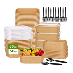 50-Pack 35oz Disposable Kraft Paper Bowls【with Lids and Forks】,Meal Prep Containers Disposable Togo Food Deli Containers for Restaurant Supplies Take Out Containers, Microwave Safe for Hot/Cold Food